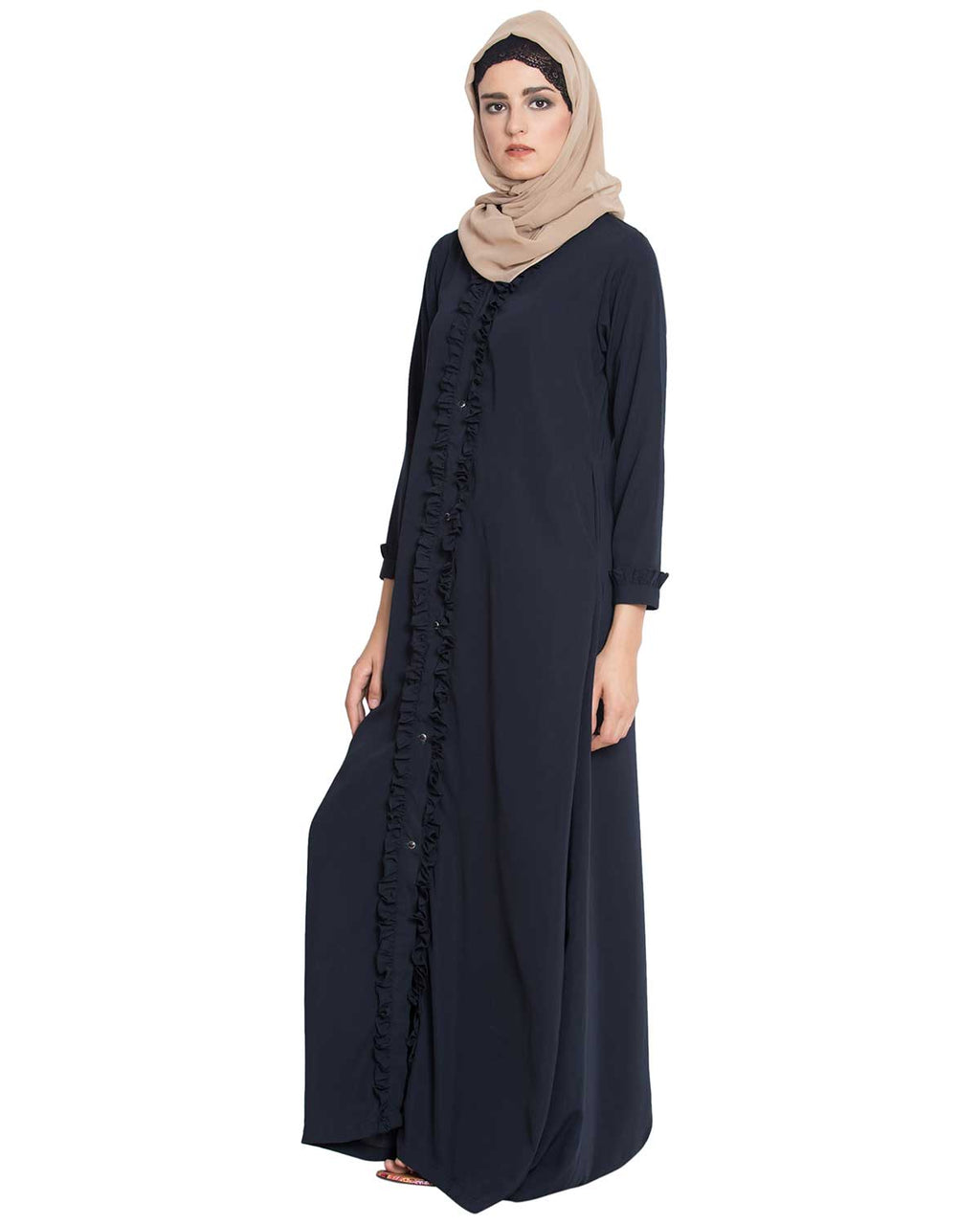 Bashariya Front Open Abaya With Ruffled Panels and Side Pockets - NavyBlue | Grocsy