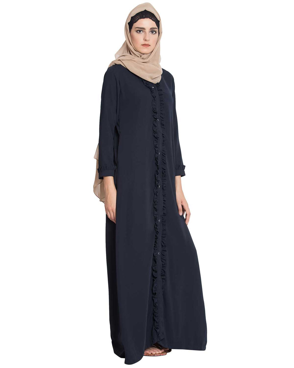 Bashariya Front Open Abaya With Ruffled Panels and Side Pockets - NavyBlue | Grocsy