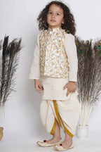 Little Bansi Banarsi Silk Floral Embroidery Jacket With Cotton Kantha kurta And Kantha Dhoti - Cream | Grocsy