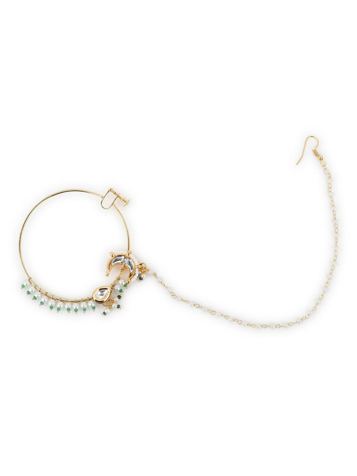 Gold-Polished White Green Kundan-Studded Pearl Beaded Nosepin - Ruby Raang | Grocsy