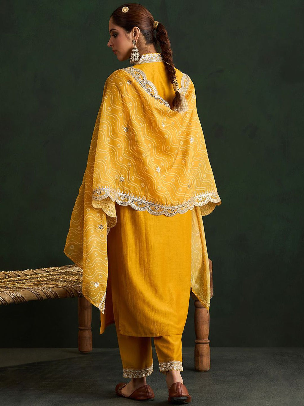 Indo Era Mustard Yellow Floral Embroidered V-Neck Straight Kurta with Trousers & Dupatta | Grocsy