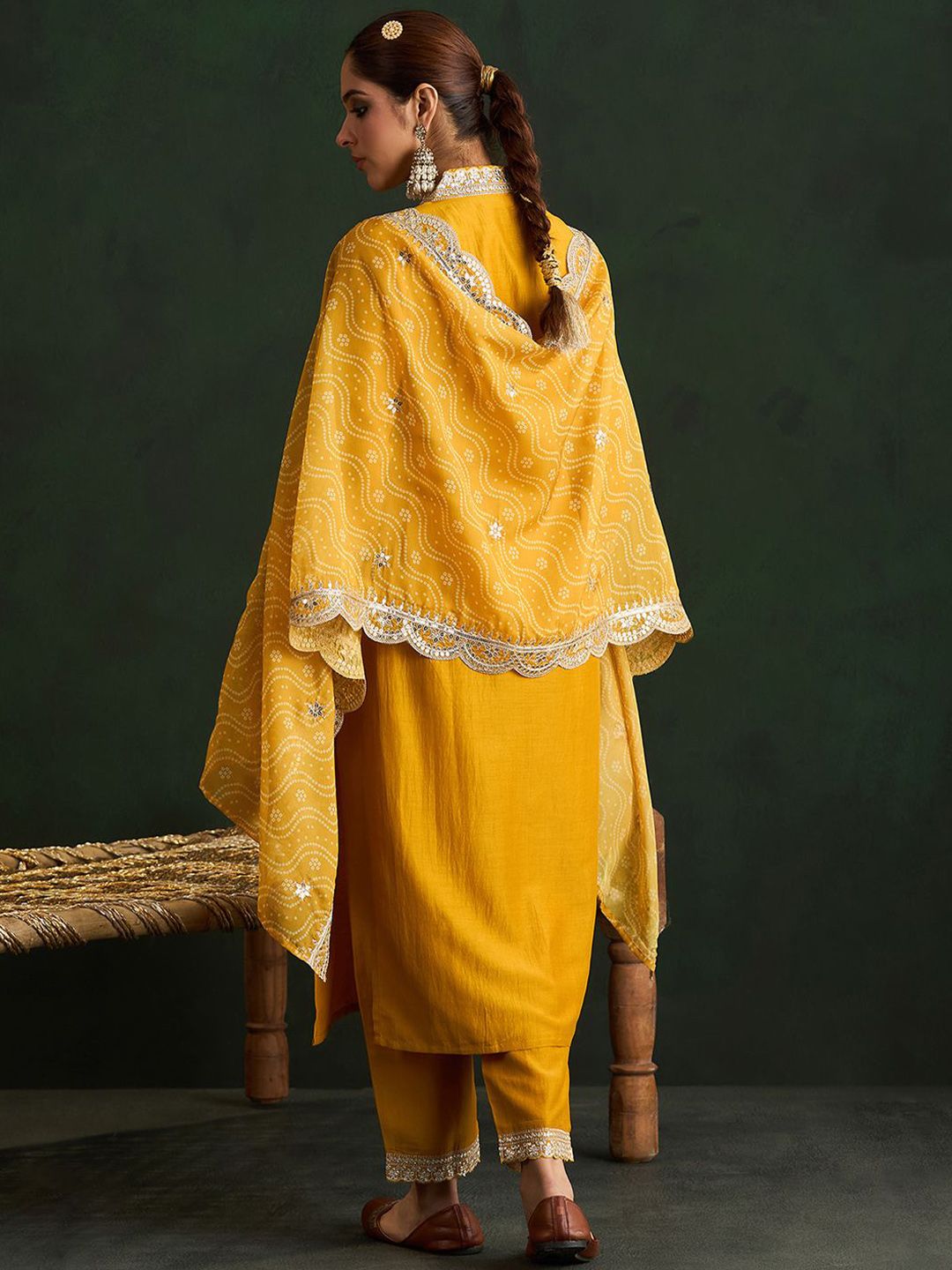 Indo Era Mustard Yellow Floral Embroidered V-Neck Straight Kurta with Trousers & Dupatta | Grocsy