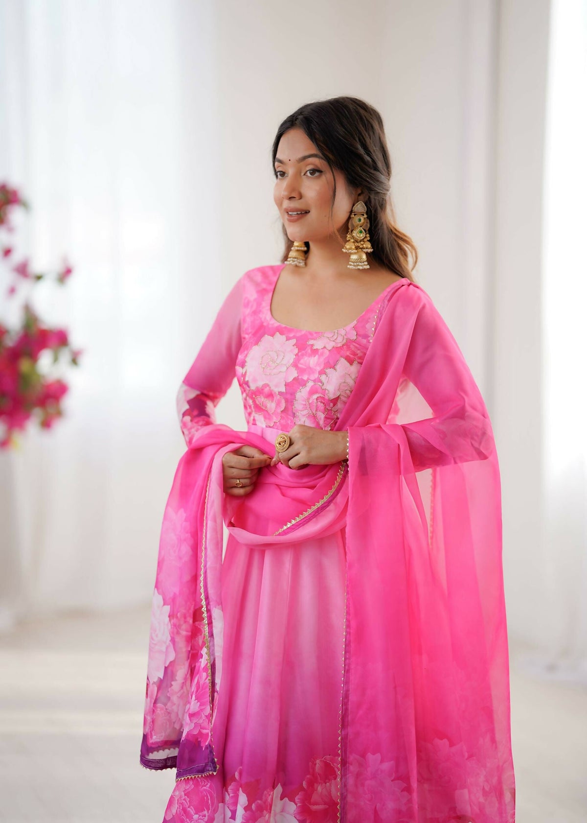 Teeya Creation Womens New Organza Soft Taby Silk Heavy Quality Fabric With Digital Print Pink Gown Set | Grocsy
