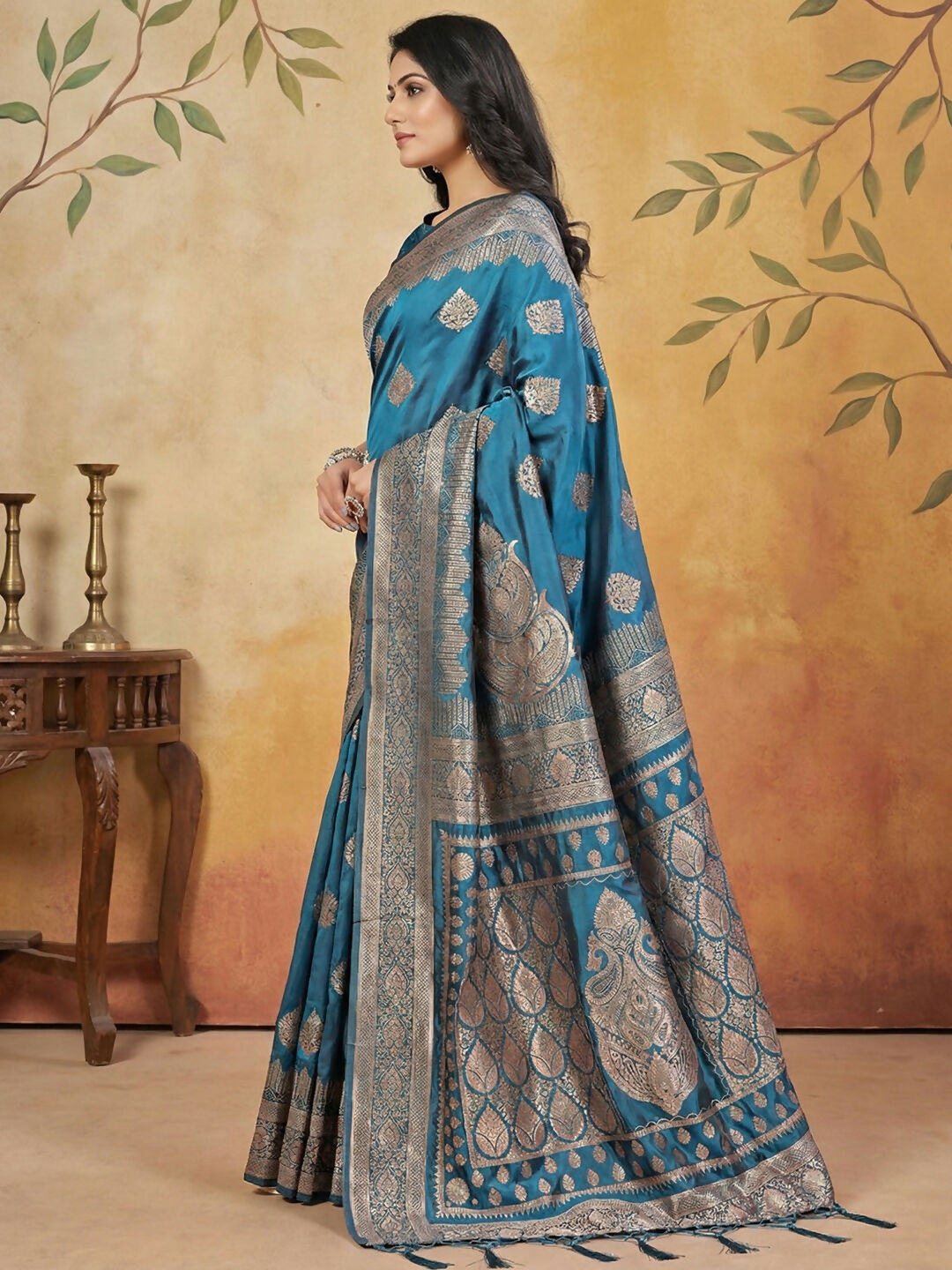Shree Shyam Fashion Teal Silk Blend Saree | Grocsy