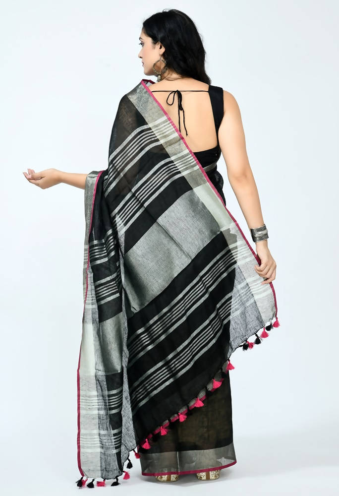Mominos Fashion Moeza Pure Linen Black Saree | Grocsy
