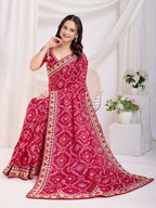 Red Vichitra Silk Bandhani Printed, Embroidery Work Saree - Ditya | Grocsy