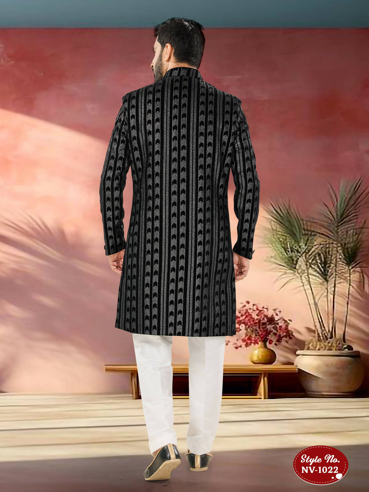Joban Fashion Men's Black Base Straight Velvet Thread And Sequence Embroidary All Over Indo-Western Kurta Set | Grocsy