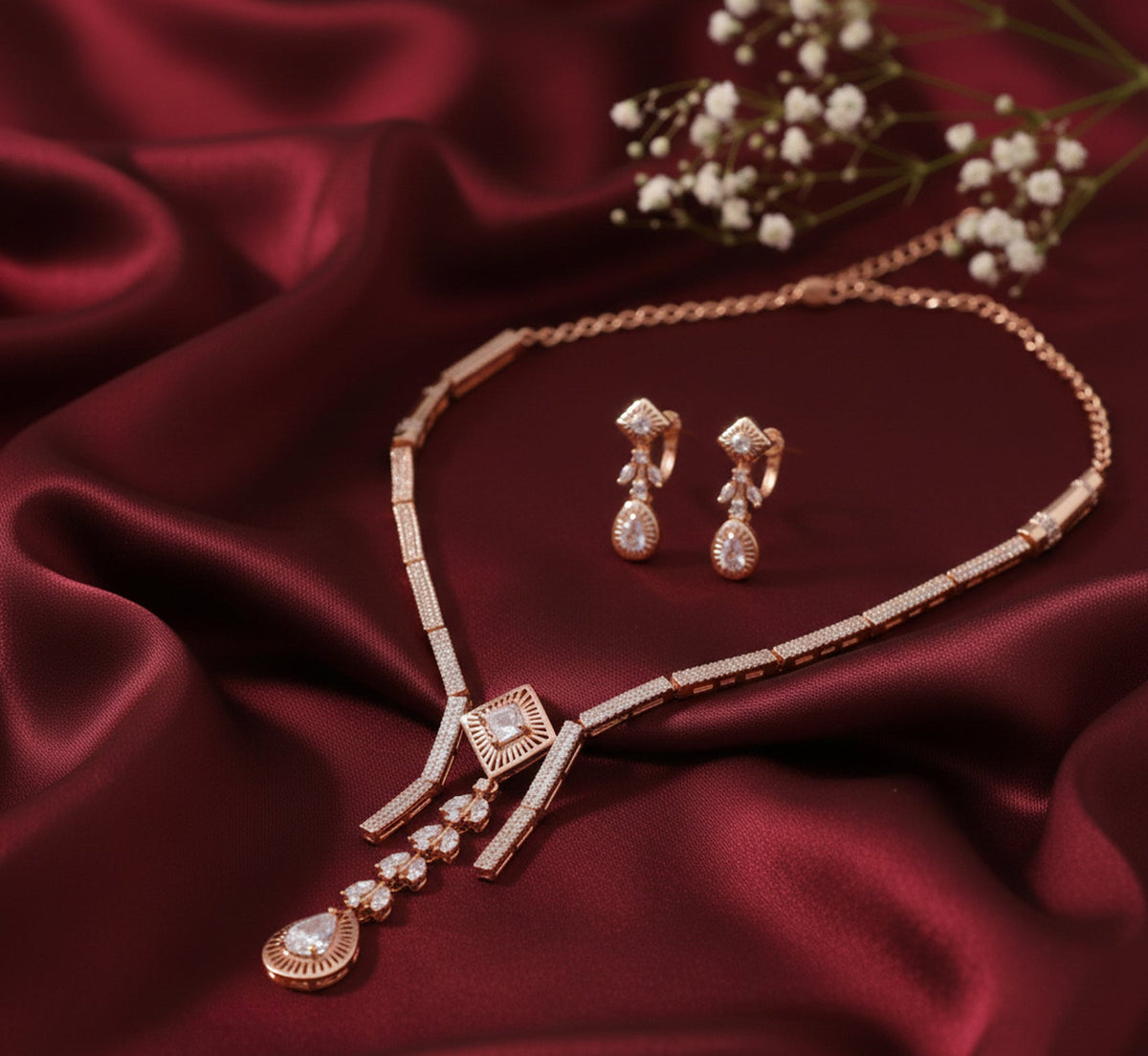 Jewel City Exquisite Rose Gold Plated American Diamond Necklace Set | Grocsy