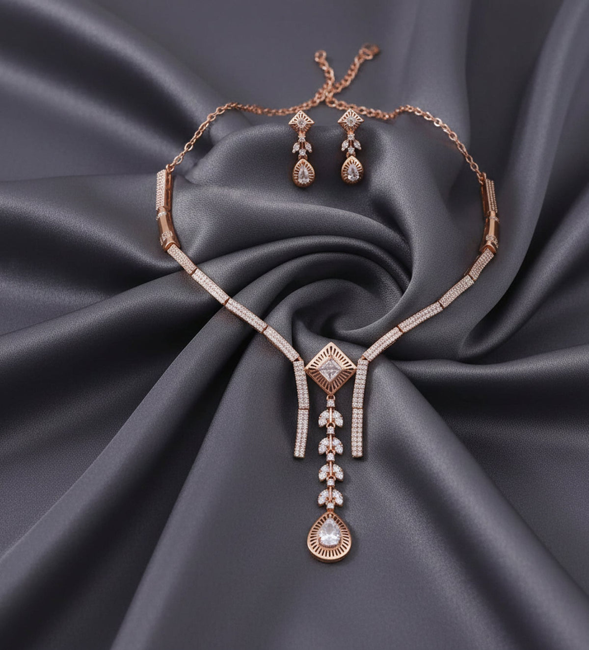 Jewel City Exquisite Rose Gold Plated American Diamond Necklace Set | Grocsy