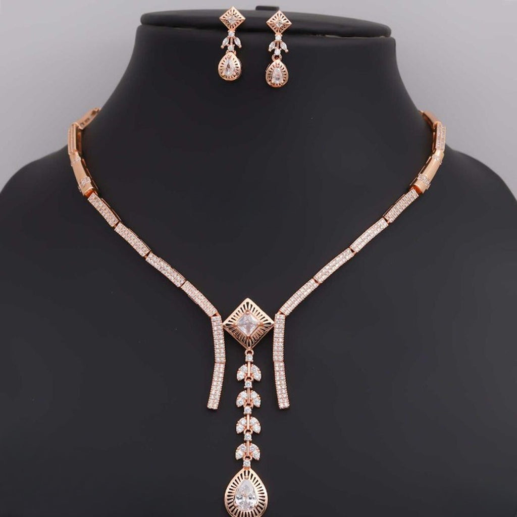 Jewel City Exquisite Rose Gold Plated American Diamond Necklace Set | Grocsy