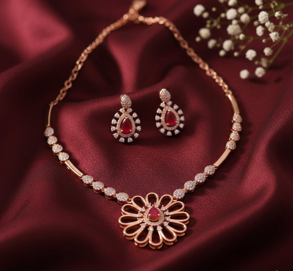 Jewel City Exquisite Rose Gold Plated American Diamond Necklace Set | Grocsy