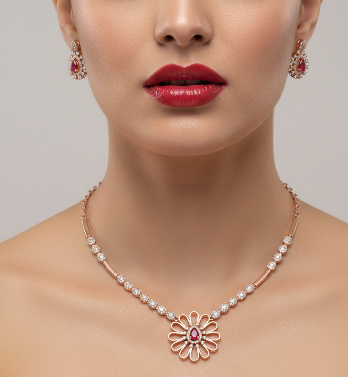 Jewel City Exquisite Rose Gold Plated American Diamond Necklace Set | Grocsy