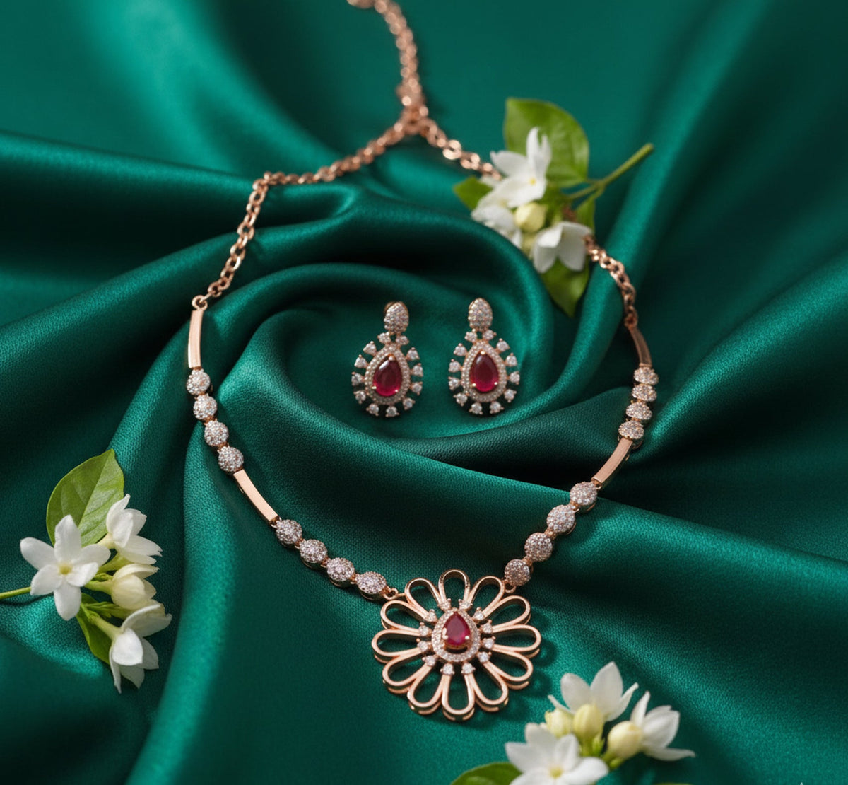 Jewel City Exquisite Rose Gold Plated American Diamond Necklace Set | Grocsy