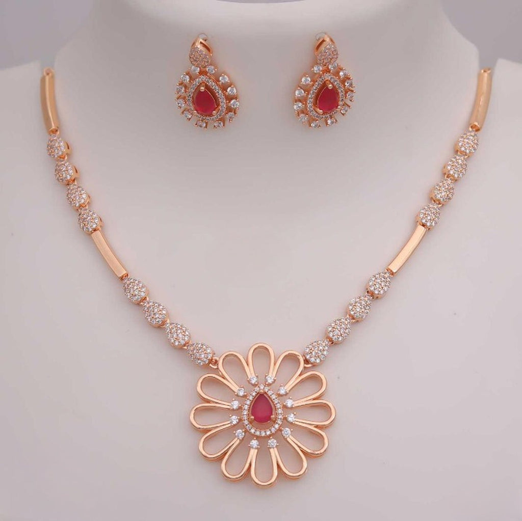 Jewel City Exquisite Rose Gold Plated American Diamond Necklace Set | Grocsy