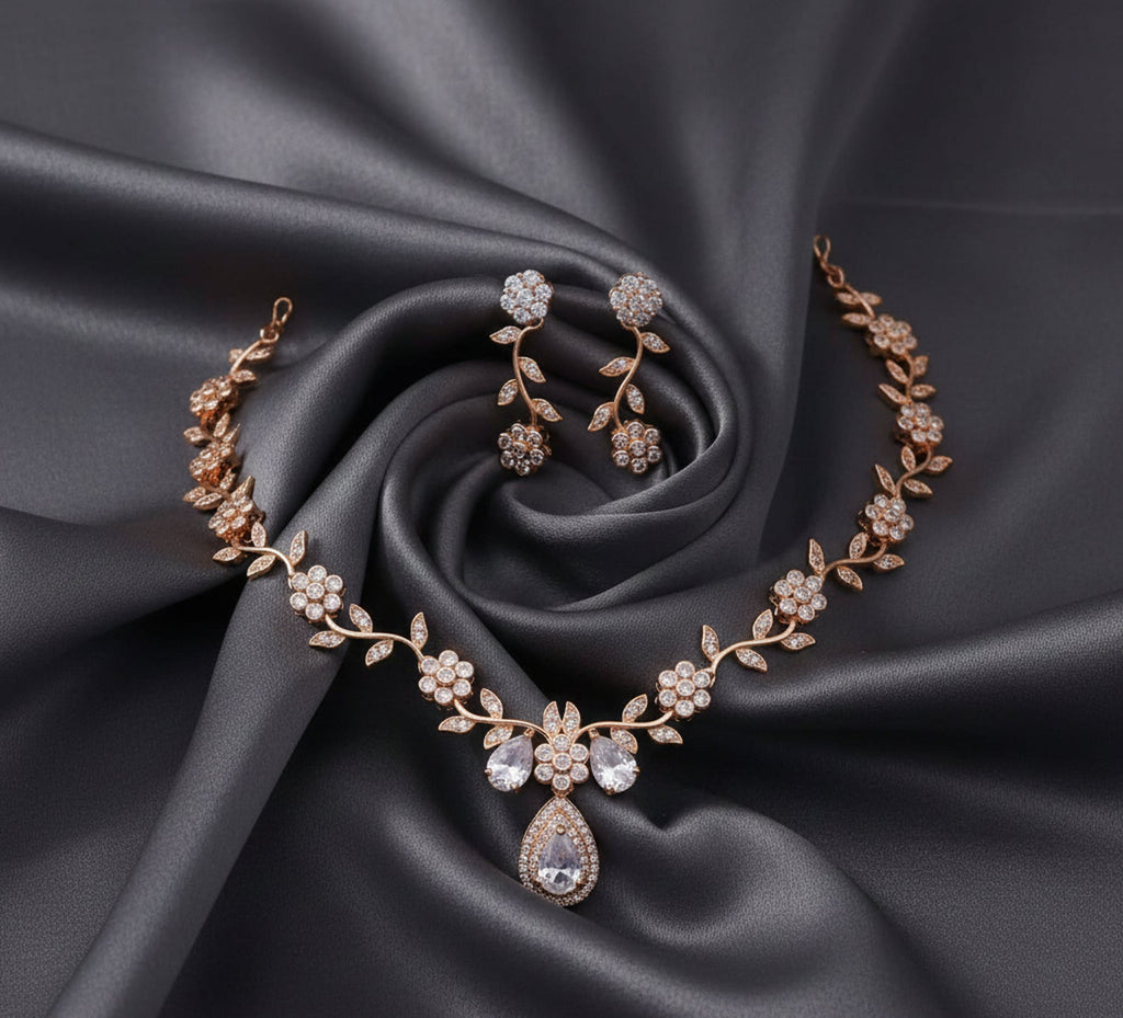 Jewel City Exquisite Rose Gold Plated White American Diamond Necklace Set | Grocsy