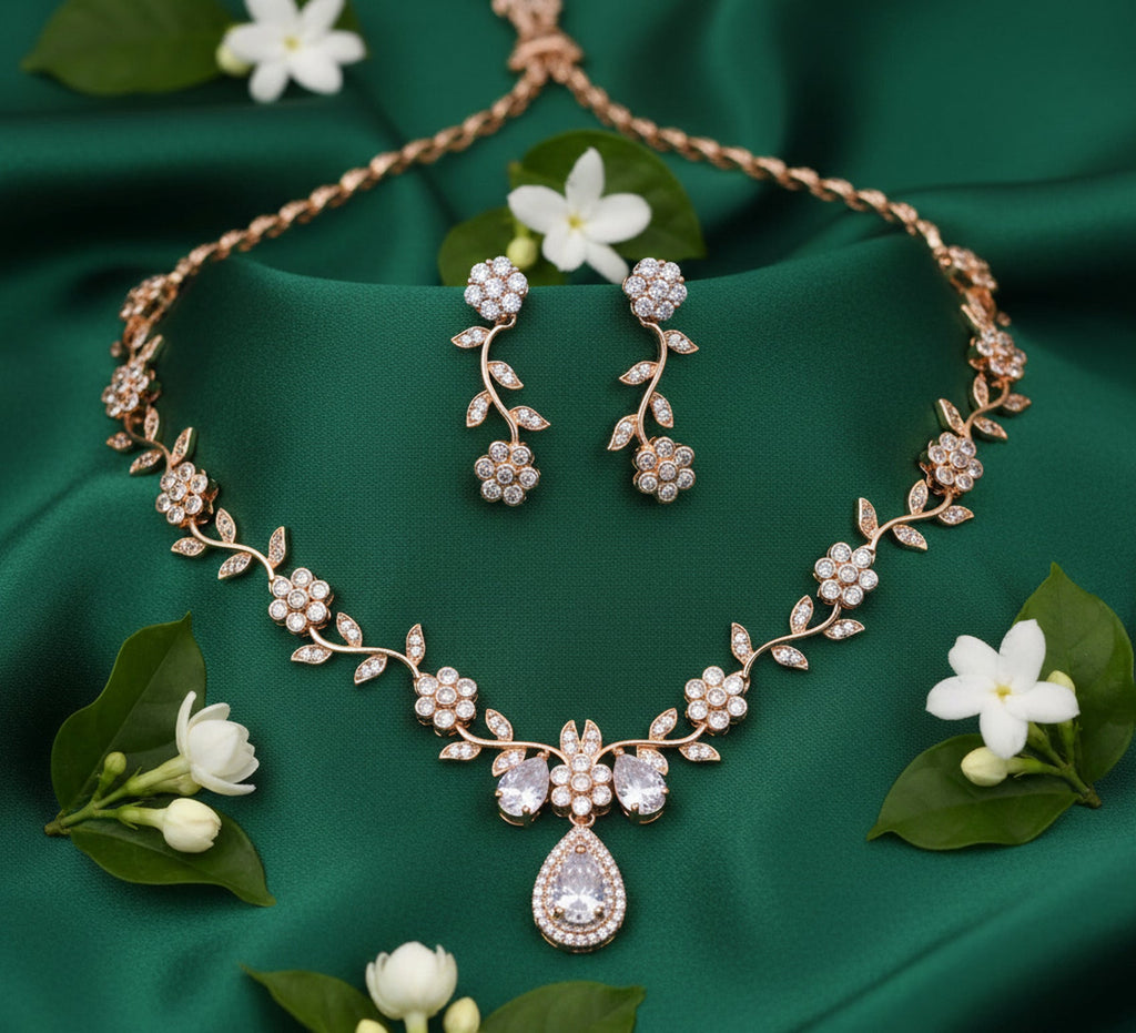Jewel City Exquisite Rose Gold Plated White American Diamond Necklace Set | Grocsy