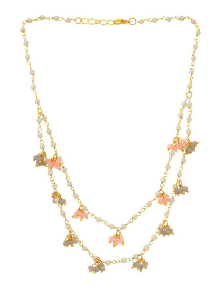 Beaded Pearl Necklace with Grey and Pink Colourful Motifs - Ruby Raang | Grocsy