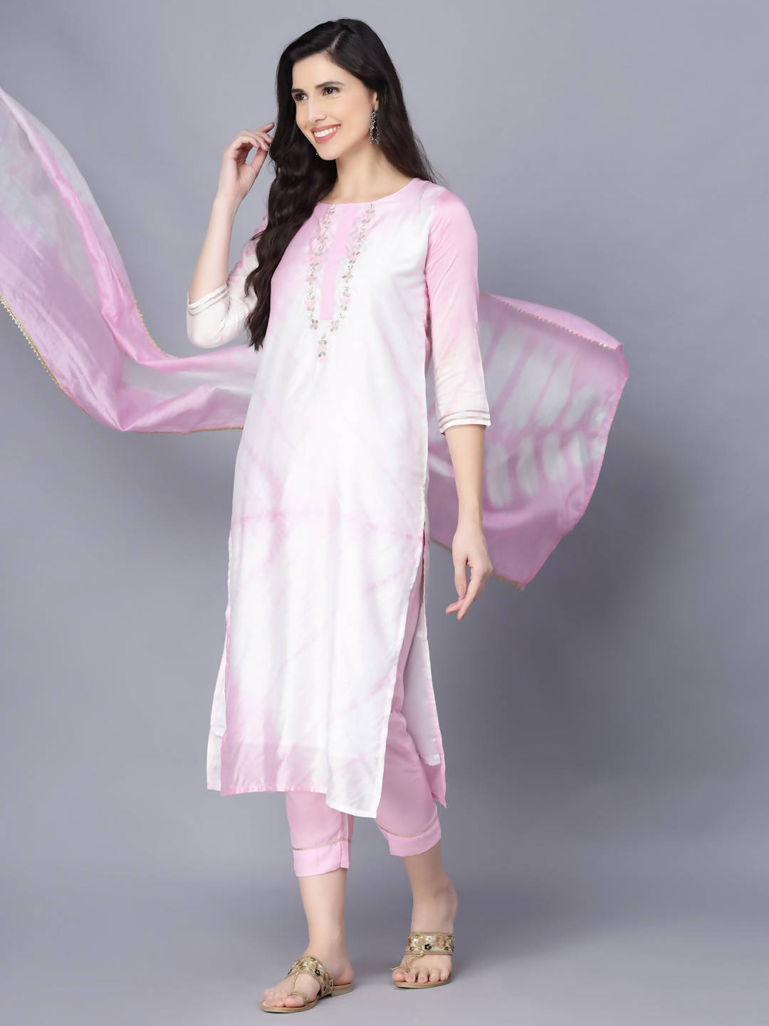 Myshka Women Pink Striped Empire Kurti with Trousers With Dupatta | Grocsy