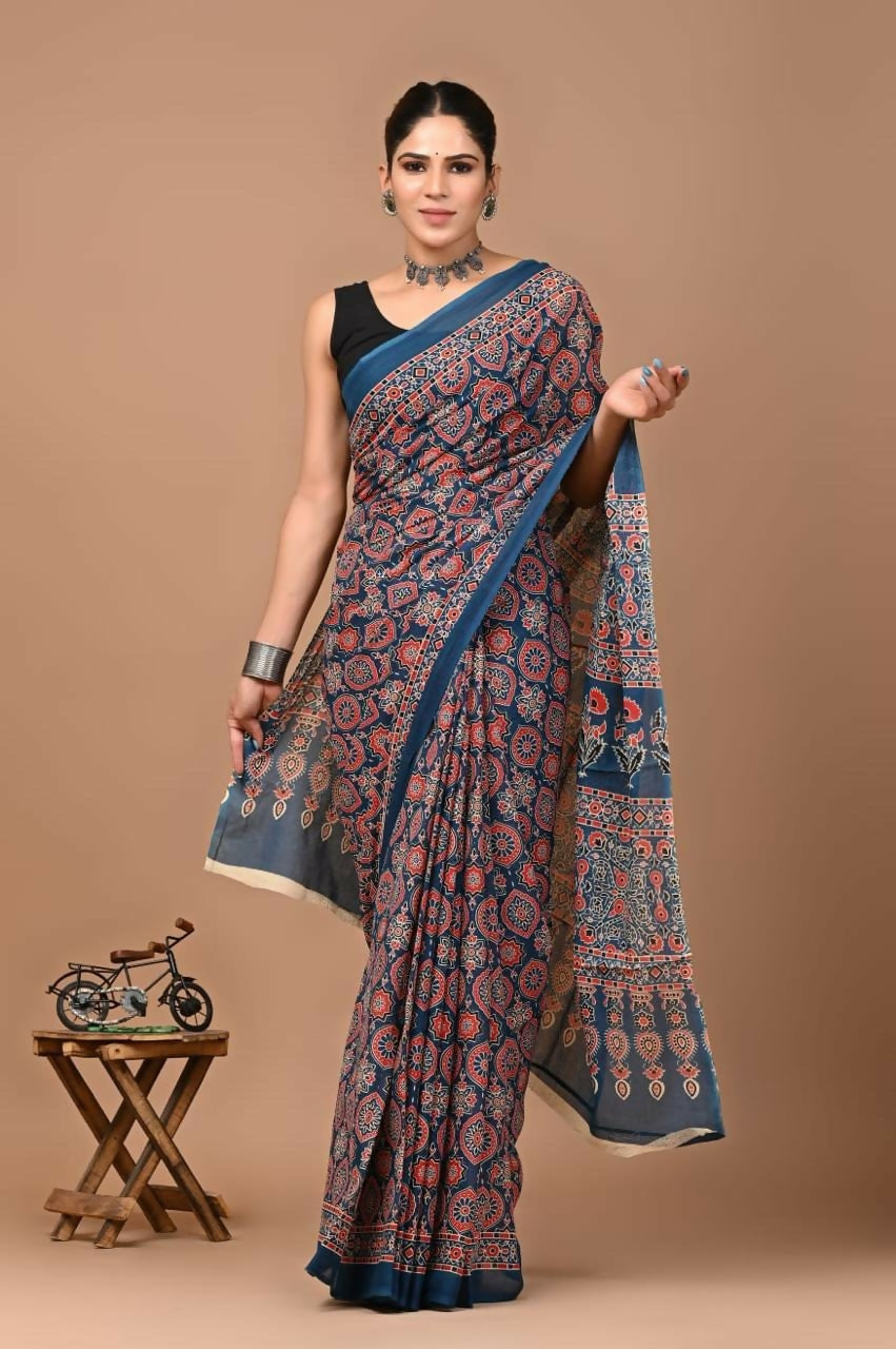 Exclusive Collection Blue White Beautiful Mulmul Cotton Saree | Grocsy