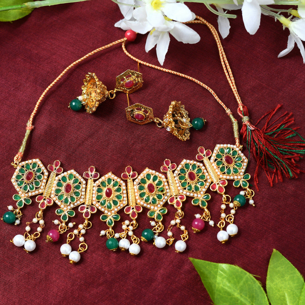 Mominos Fashion Johar Kamal Women Gold-Polished Brass Finish Meena & Pearls Work Choker | Grocsy