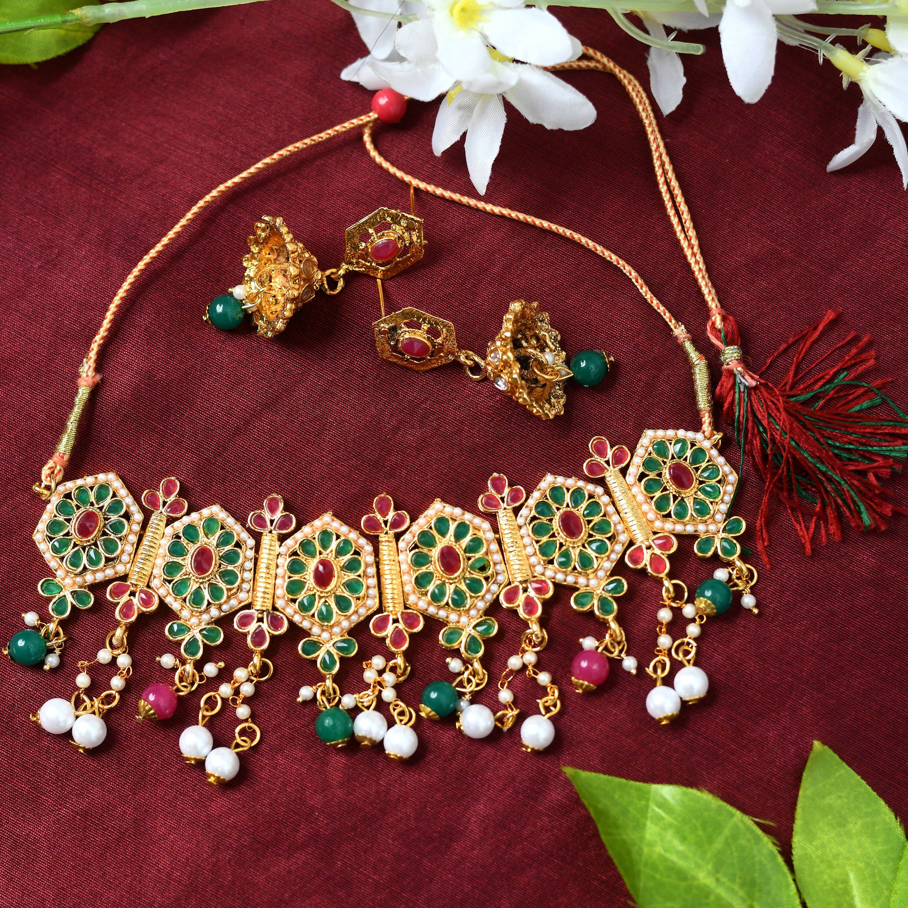 Mominos Fashion Johar Kamal Women Gold-Polished Brass Finish Meena & Pearls Work Choker | Grocsy