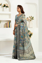 Joban Fashion  Dusty Brown Floral & Ethnic Motifs Linen Ready To Wear Saree With Unstitched Blouse | Grocsy