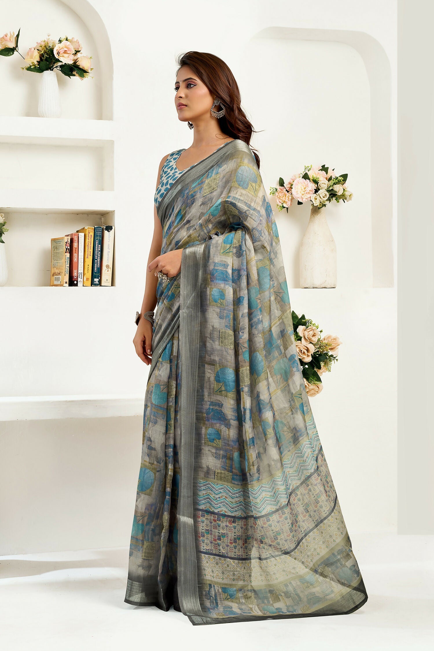 Joban Fashion  Dusty Brown Floral & Ethnic Motifs Linen Ready To Wear Saree With Unstitched Blouse | Grocsy