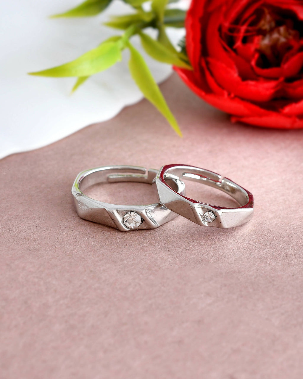 VOJ Stainless Steel Cubic Zirconia Silver Plated Adjustable Ring Set for Couple | Grocsy
