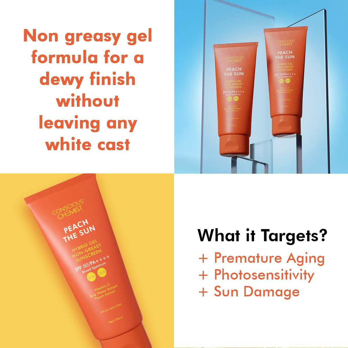 Conscious Chemist Peach The Sun Hybrid Gel Sunscreen SPF 50 PA ++++ | Grocsy