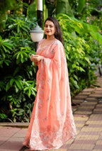Pink Pure Linen Ethnic Motifs Saree with Unstitched Blouse - A2M | Grocsy