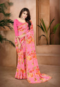 Pink Georgette Floral Printed Saree With Unstitched Blouse Piece - Jyoti | Grocsy