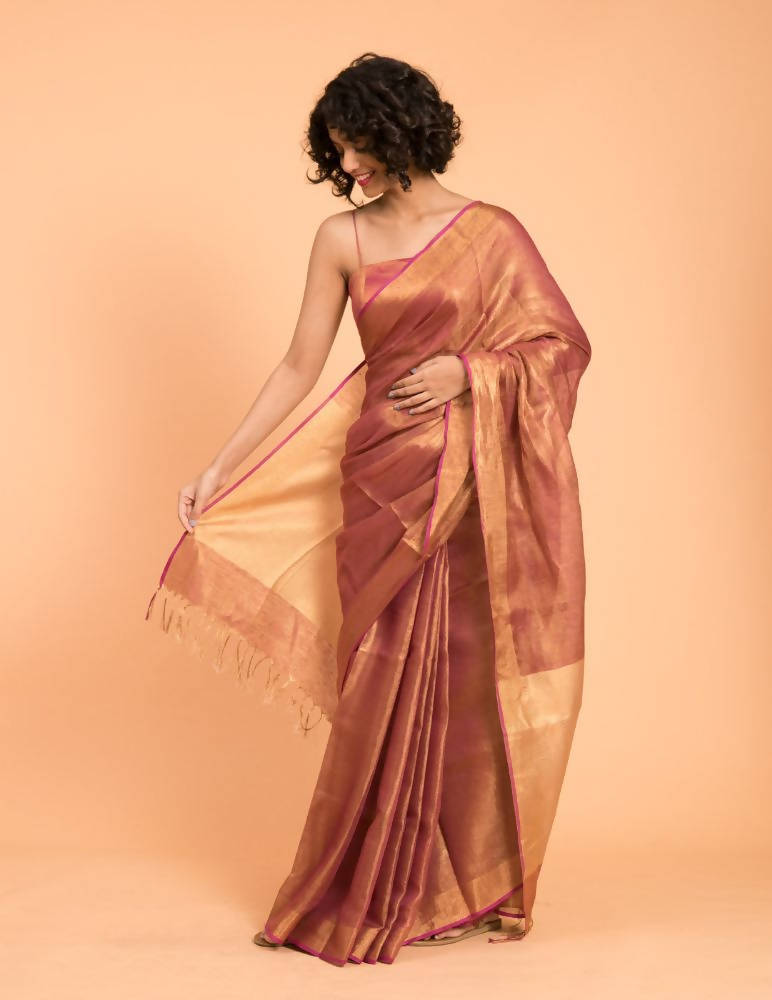Suta Pink Golden Solid Zari Pure Linen Saree | Grocsy