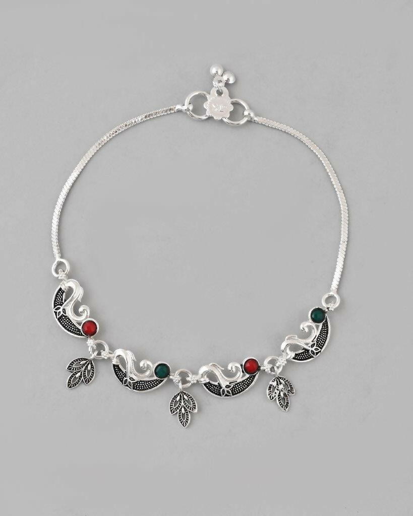 VOJ Set of 2 Silver Plated Meenakari Multi Color Anklet | Grocsy