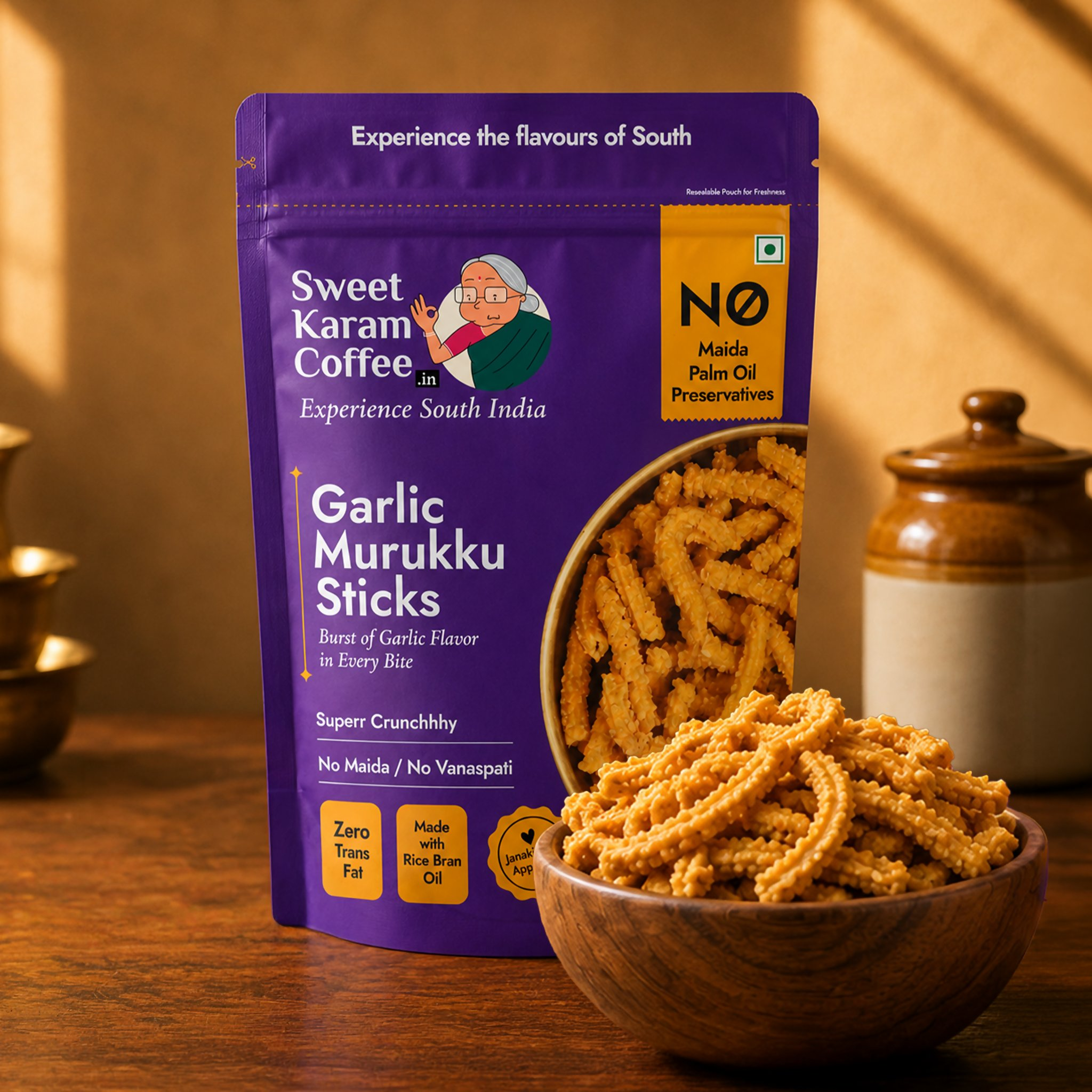 Sweet Karam Coffee Garlic Murukku Sticks | Grocsy