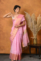Very Much Indian Handloom Pure Cotton Linen Saree With Golden Border - Pink | Grocsy