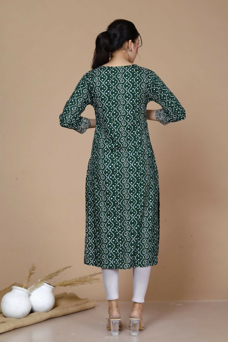 Miravan Women's Rayon Bandhani Print Straight Kurta Green | Grocsy