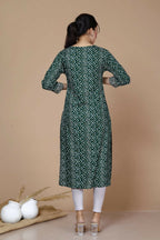 Miravan Women's Rayon Bandhani Print Straight Kurta Green | Grocsy