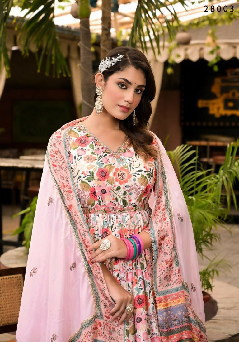Wedding Designer Multi Soft Dola Silk Anarkali suit with Dupatta - Sanj | Grocsy
