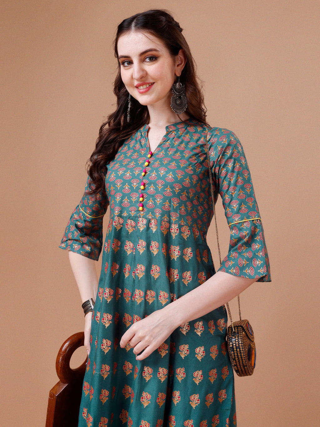 Rayon Ethnic Motifs Printed Flared Kurta, Multicolor - Hiral Fashion | Grocsy