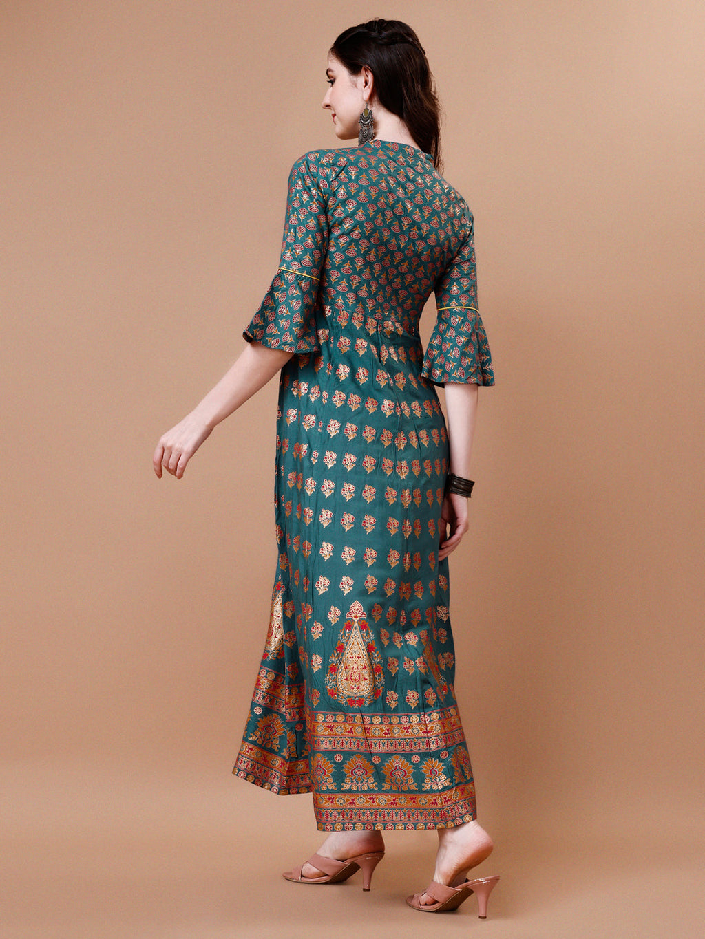 Rayon Ethnic Motifs Printed Flared Kurta, Multicolor - Hiral Fashion | Grocsy