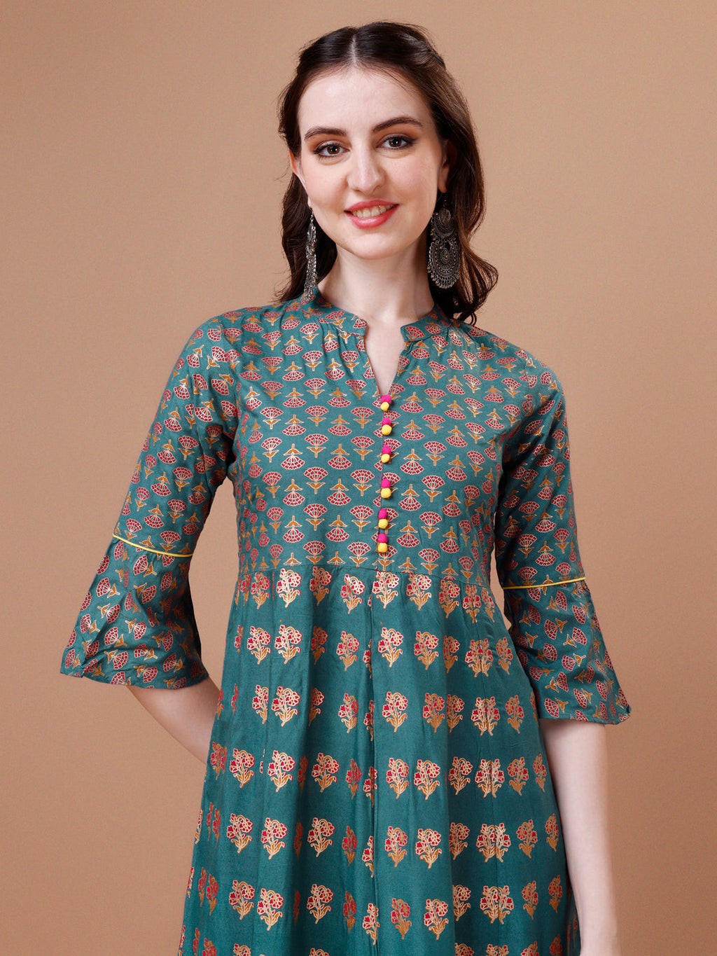 Rayon Ethnic Motifs Printed Flared Kurta, Multicolor - Hiral Fashion | Grocsy