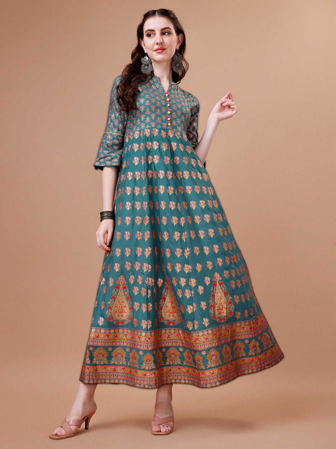 Rayon Ethnic Motifs Printed Flared Kurta, Multicolor - Hiral Fashion | Grocsy