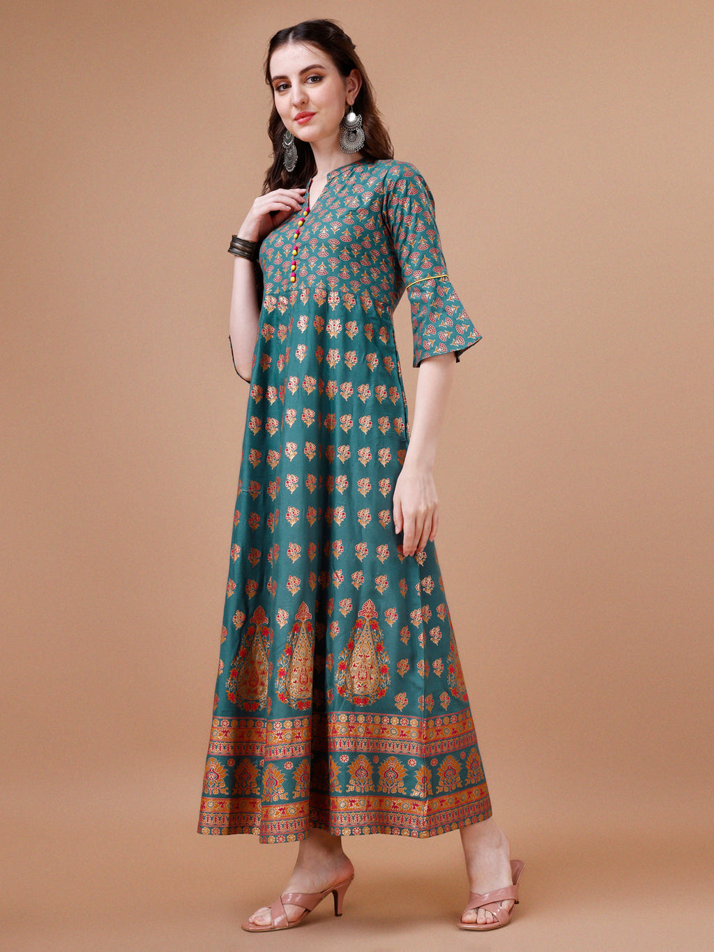 Rayon Ethnic Motifs Printed Flared Kurta, Multicolor - Hiral Fashion | Grocsy