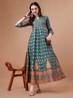 Rayon Ethnic Motifs Printed Flared Kurta, Multicolor - Hiral Fashion | Grocsy
