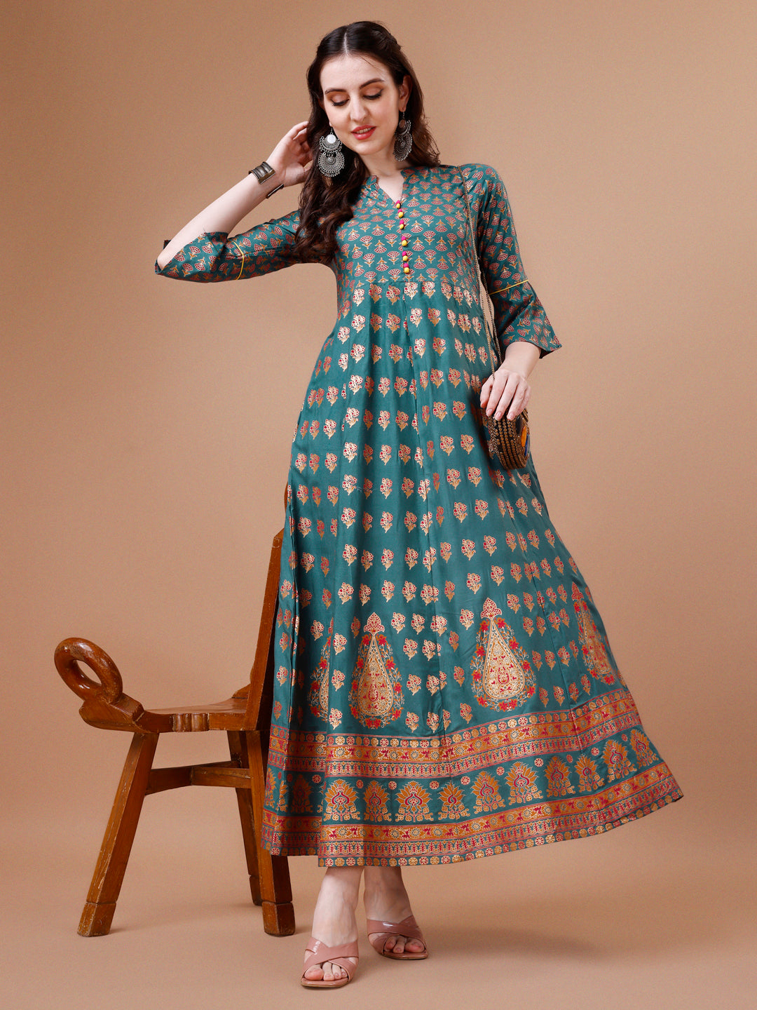 Rayon Ethnic Motifs Printed Flared Kurta, Multicolor - Hiral Fashion | Grocsy