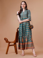 Rayon Ethnic Motifs Printed Flared Kurta, Multicolor - Hiral Fashion | Grocsy