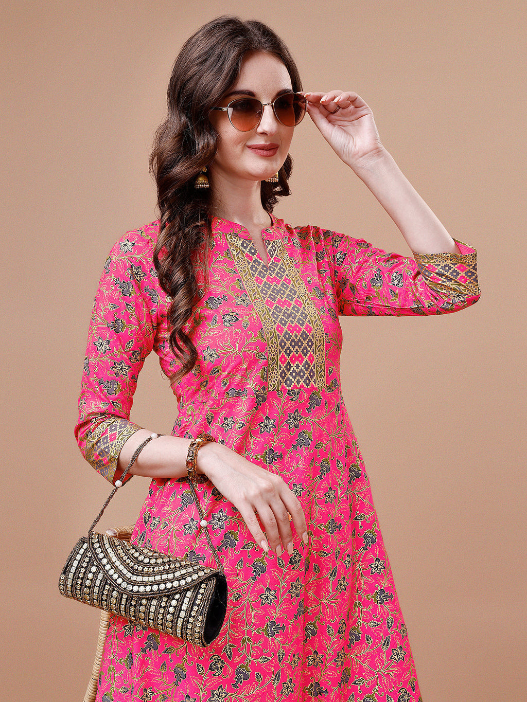 Printed Full Neck Pink Rayon Ethnic Dress, Multicolor - Hiral Fashion | Grocsy