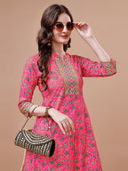 Printed Full Neck Pink Rayon Ethnic Dress, Multicolor - Hiral Fashion | Grocsy