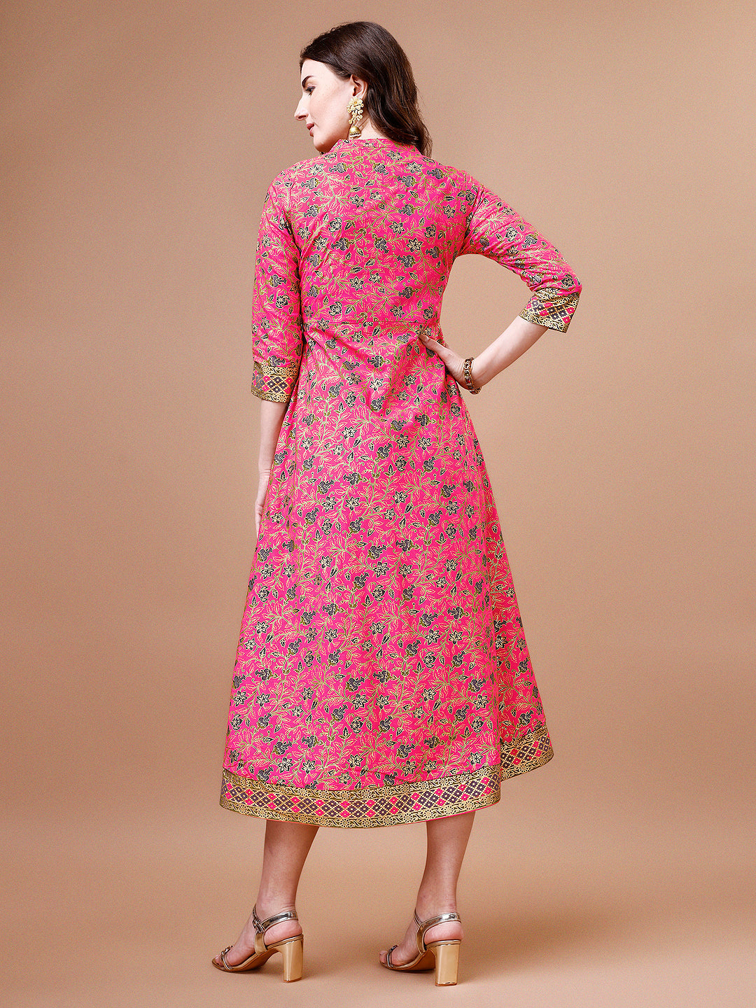 Printed Full Neck Pink Rayon Ethnic Dress, Multicolor - Hiral Fashion | Grocsy