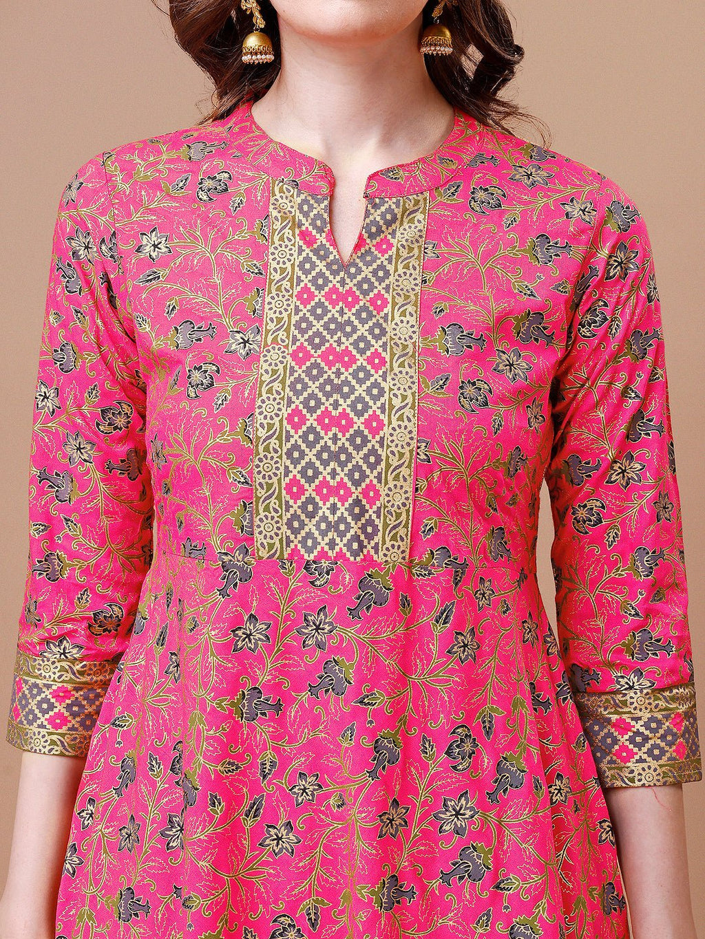 Printed Full Neck Pink Rayon Ethnic Dress, Multicolor - Hiral Fashion | Grocsy